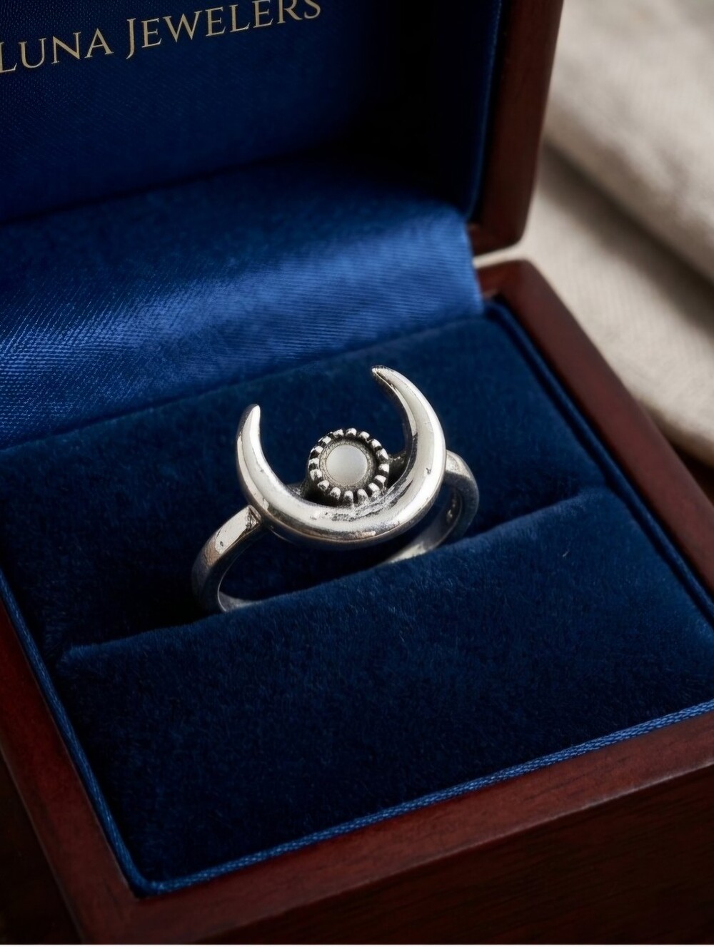 Celestial crescent moonstone new size 5 quality titanium silver ring